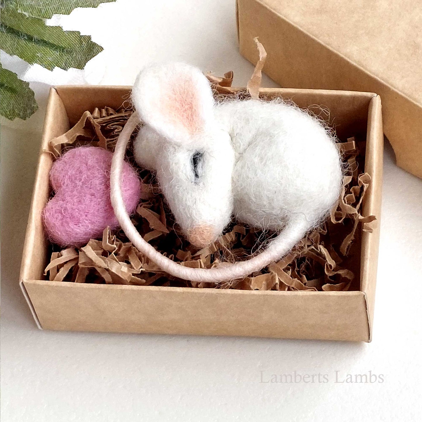 Sleeping needle felted mouse with a heart Small handmade white felted wool mouse asleep