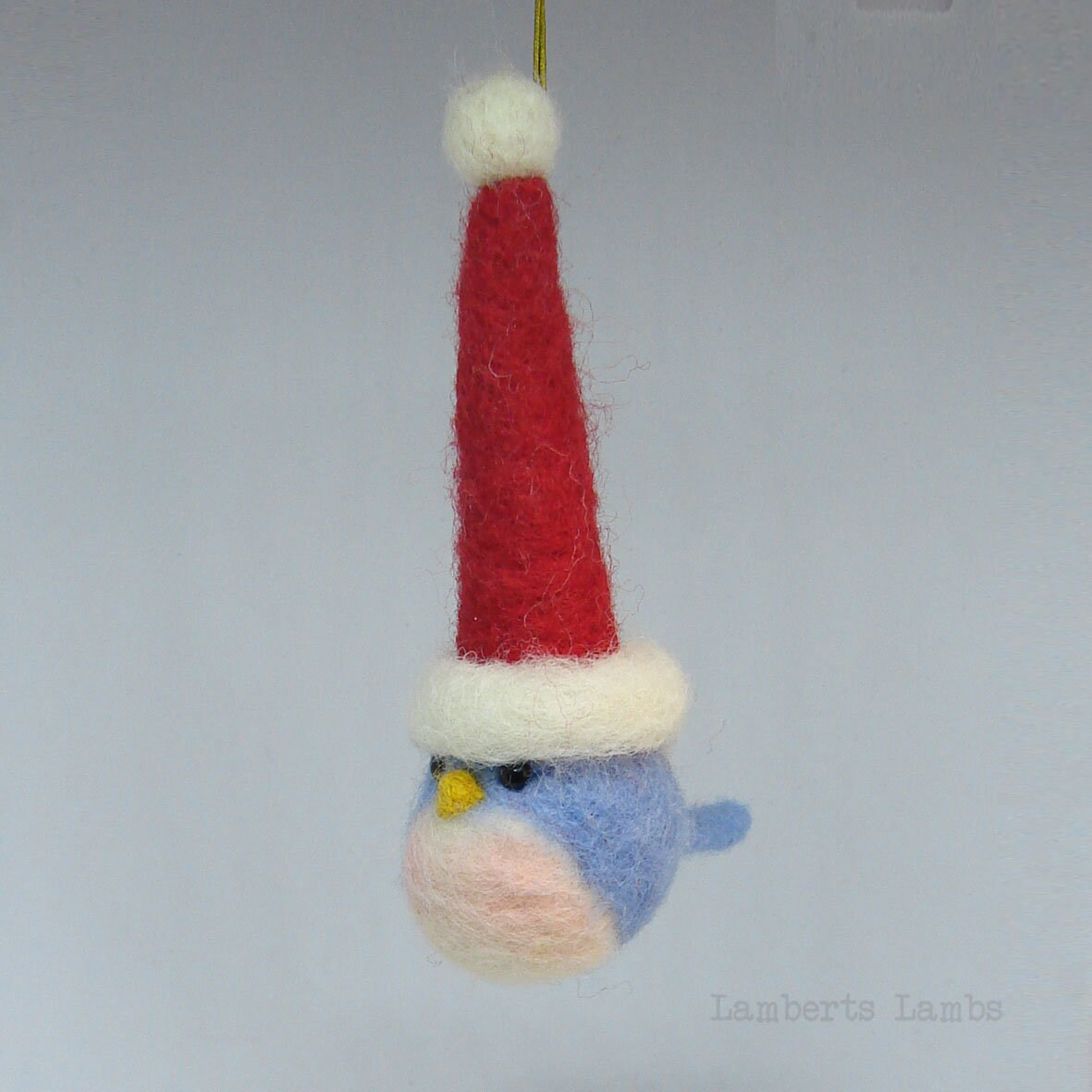 Needle Felted Little Blue Bird with a Christmas hat Christmas Tree hanging Ornament