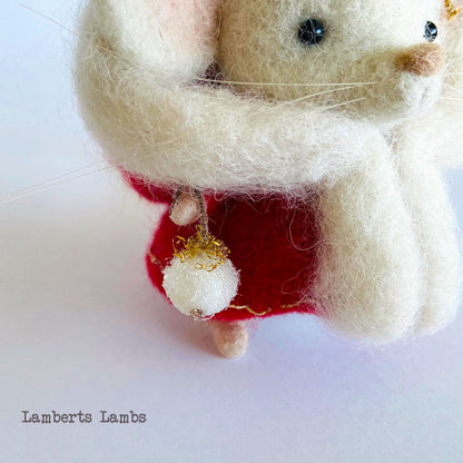 White needle felted Christmas mouse  in a red hooded cape Handmade wool mouse
