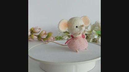 Needle Felted White Mouse in a dust pink dress. Needle felted miniature animal