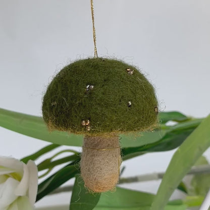 Dark olive green needle felted mushroom, enchanted hanging mushroom bauble