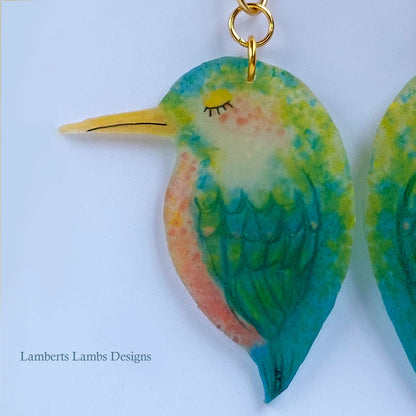 Tropical bird drop earrings, handmade bird hanging earrings