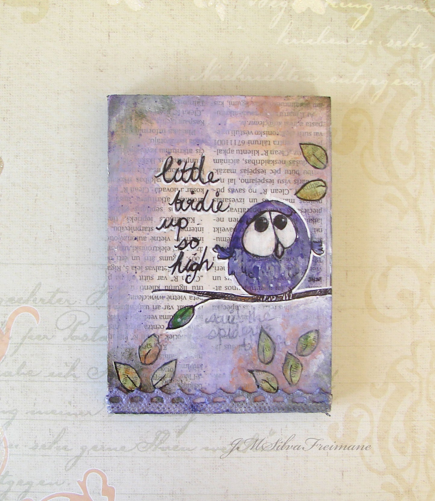 Whimsical  bird mixed media painting on a woodblock