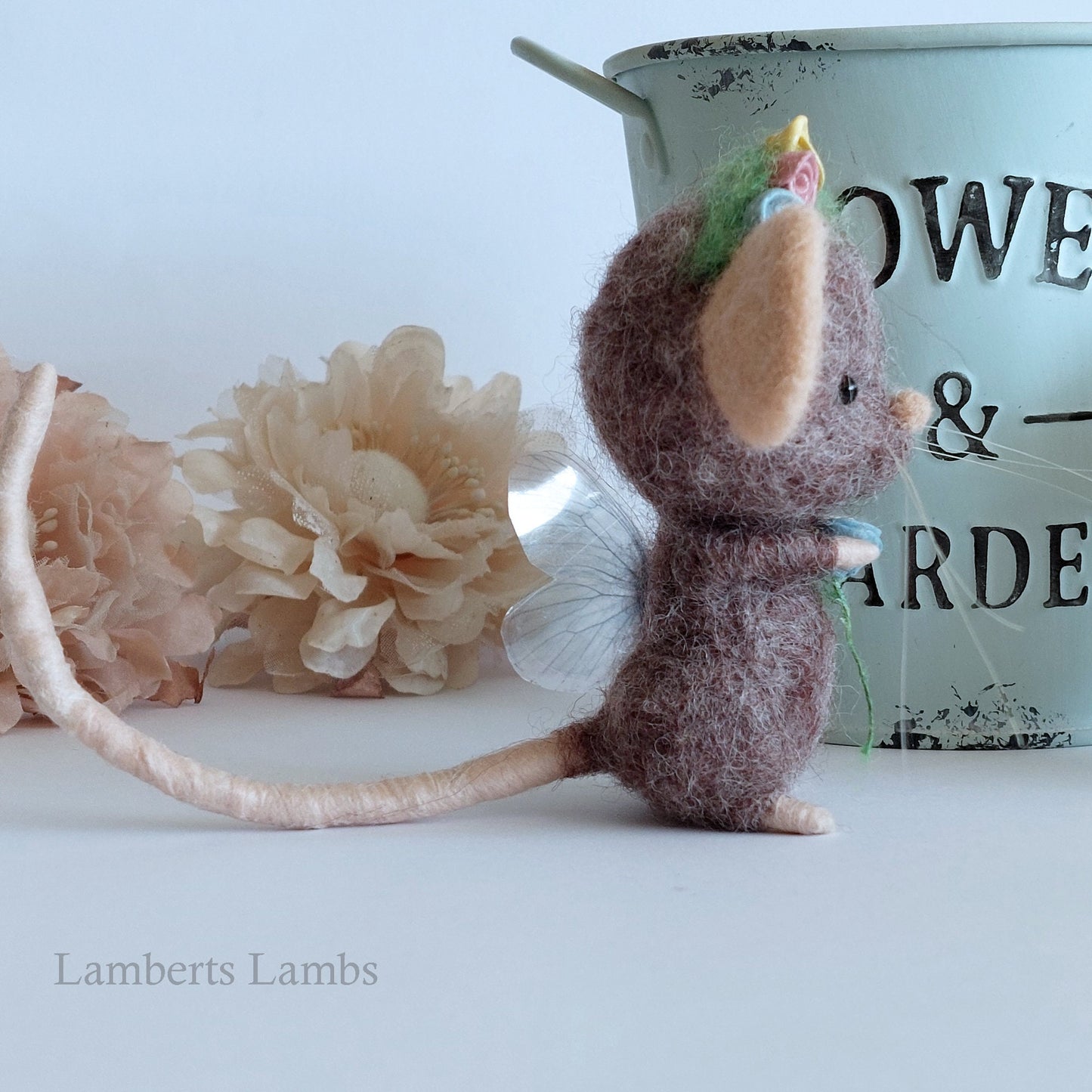 Handmade Brown needle felted mouse fairy with flowers