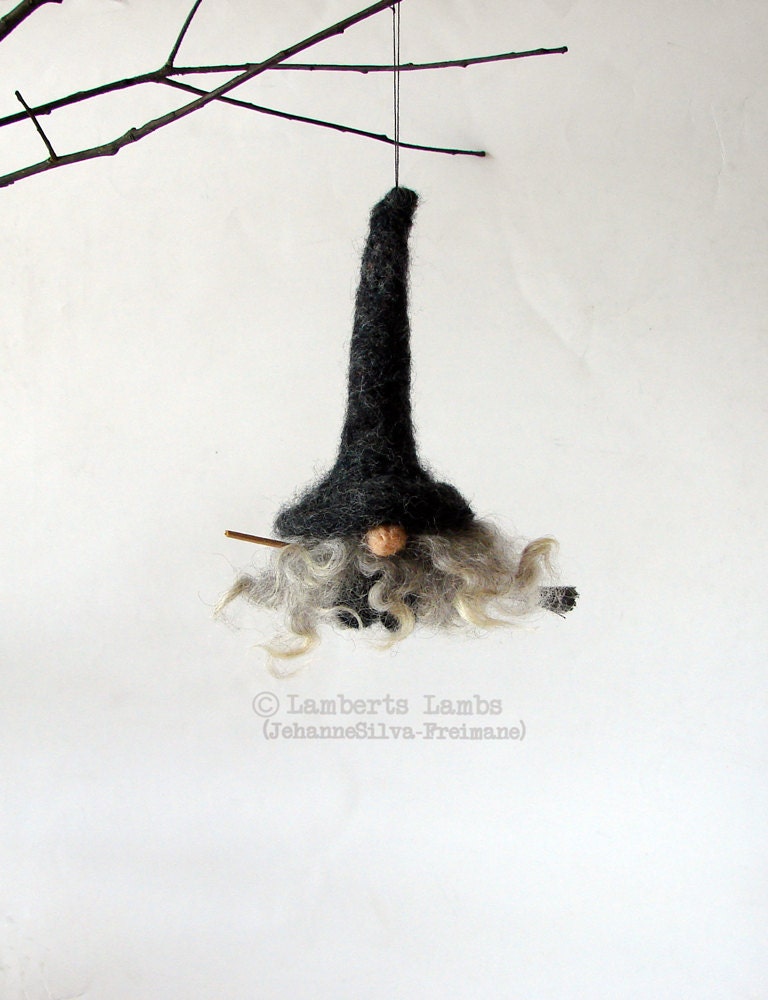 Needle Felted Gnome Witch Flying on a Broom, kitchen witch, Needle felted gnome,  Needle Felted Witch
